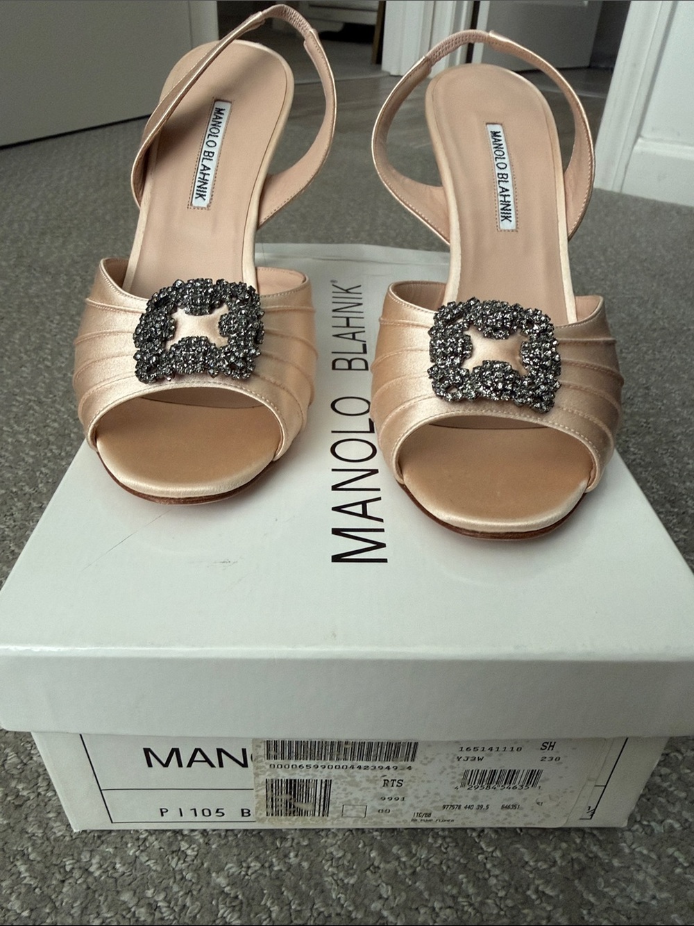 Manolo Blahnik Cassia Satin Slingback Heels with Crystal Buckles - Champagne